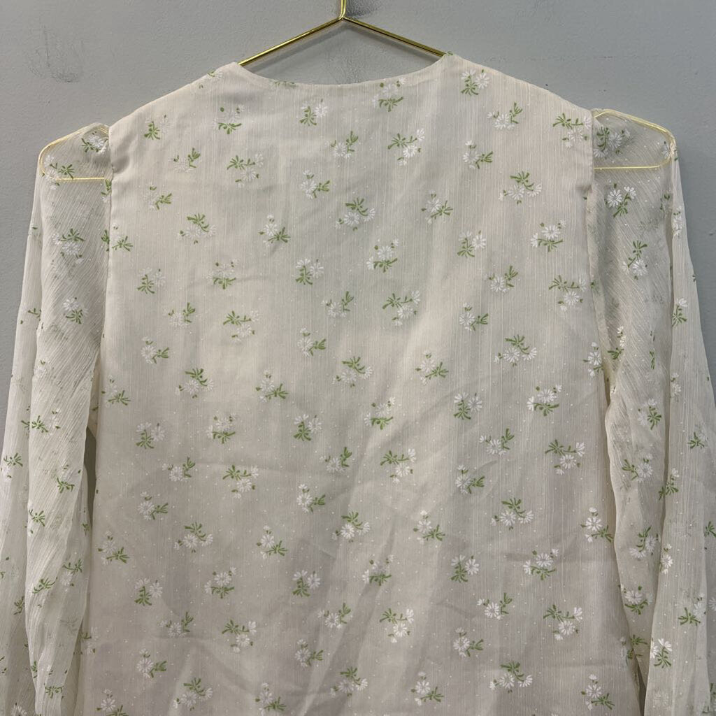 Cream Flower Print Lace Detail Long Sleeve Top Small