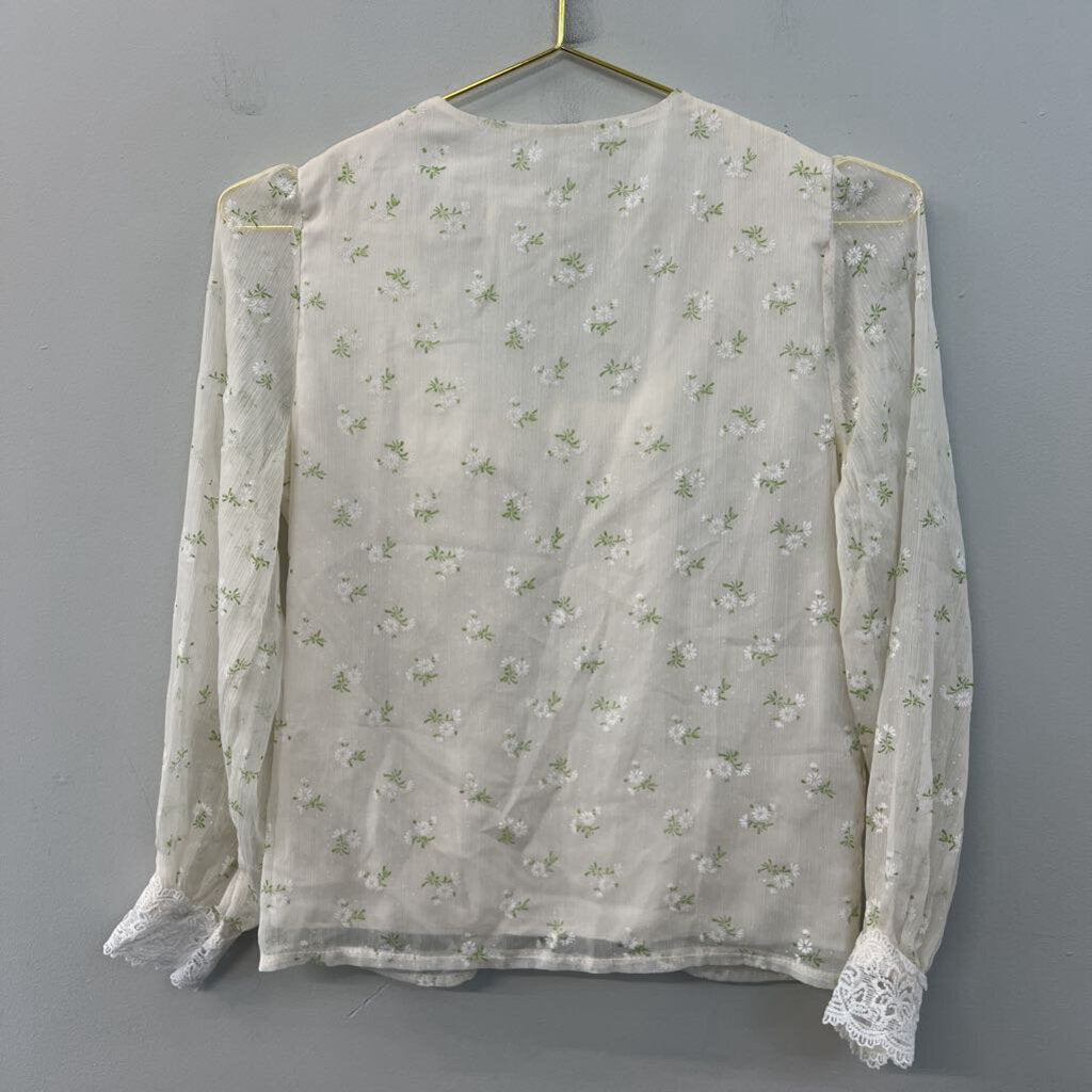 Cream Flower Print Lace Detail Long Sleeve Top Small