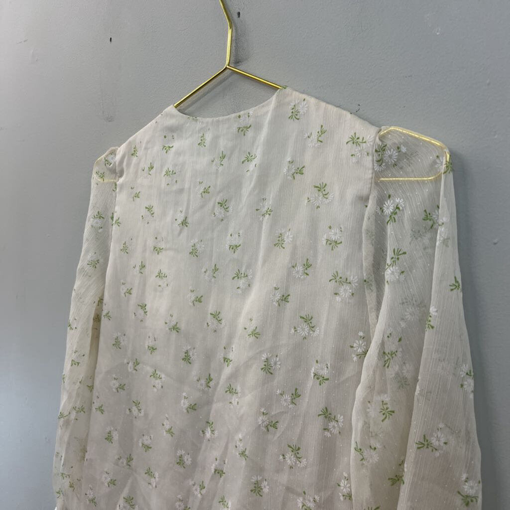 Cream Flower Print Lace Detail Long Sleeve Top Small