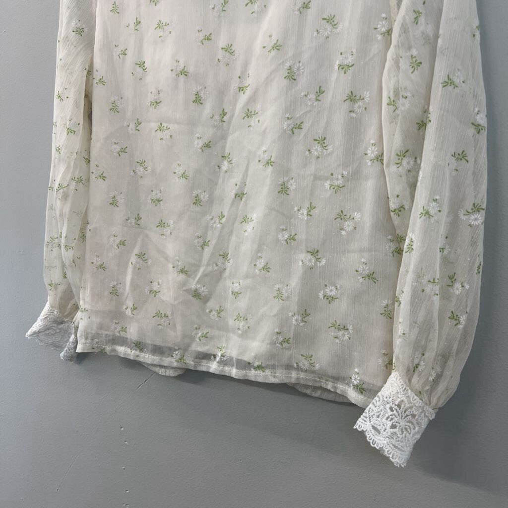 Cream Flower Print Lace Detail Long Sleeve Top Small