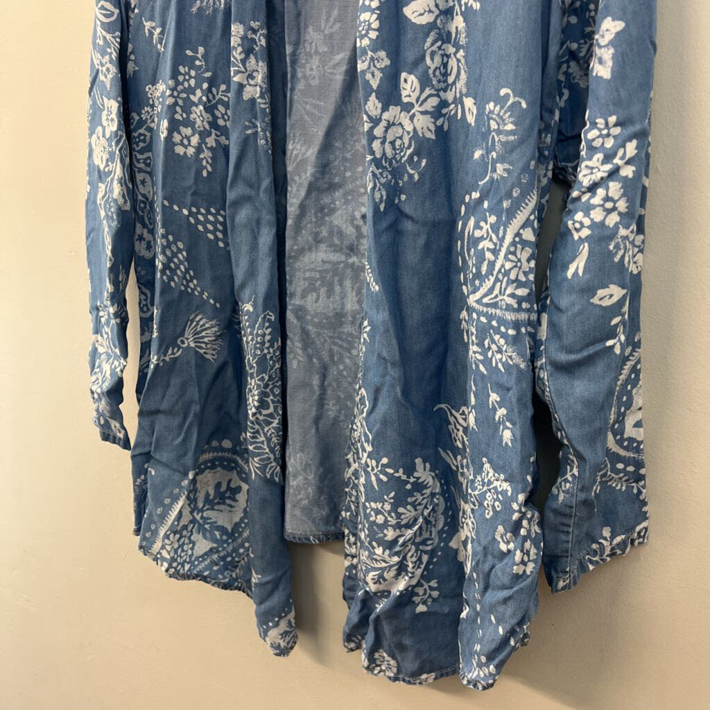Laurie Felt Blue Print Chambray Open Front Kimono Top Extra Small
