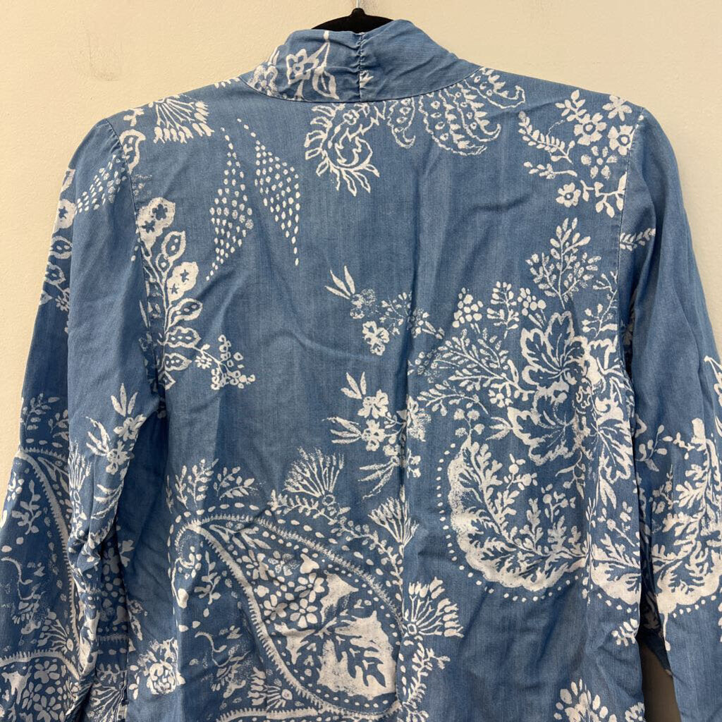 Laurie Felt Blue Print Chambray Open Front Kimono Top Extra Small
