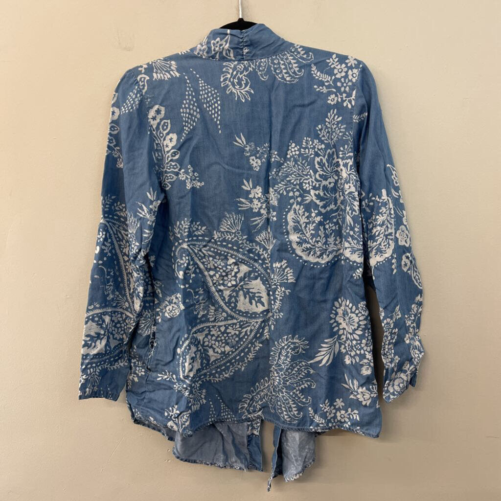 Laurie Felt Blue Print Chambray Open Front Kimono Top Extra Small