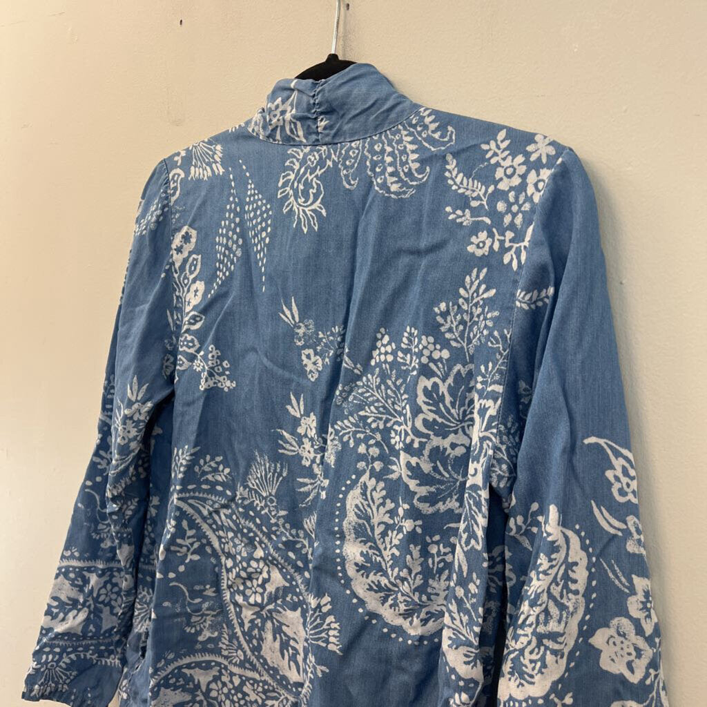 Laurie Felt Blue Print Chambray Open Front Kimono Top Extra Small