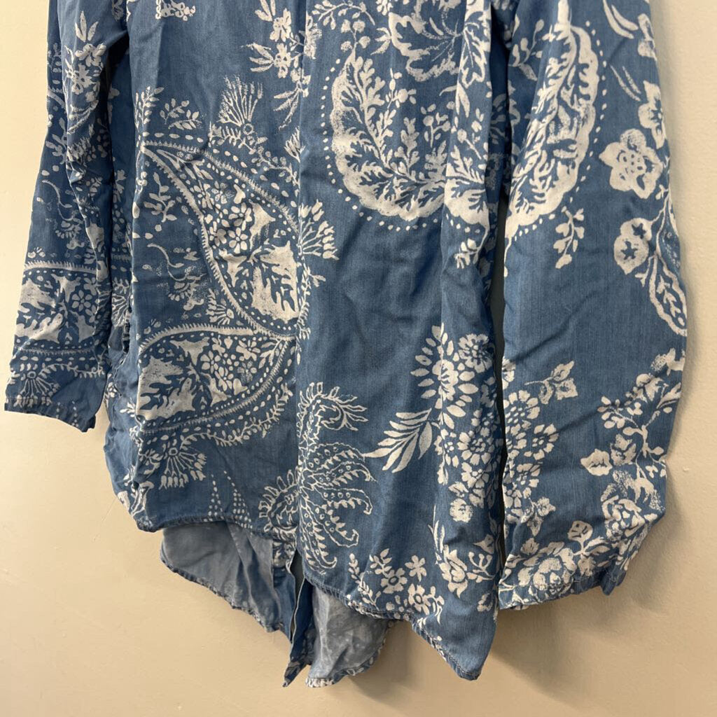 Laurie Felt Blue Print Chambray Open Front Kimono Top Extra Small