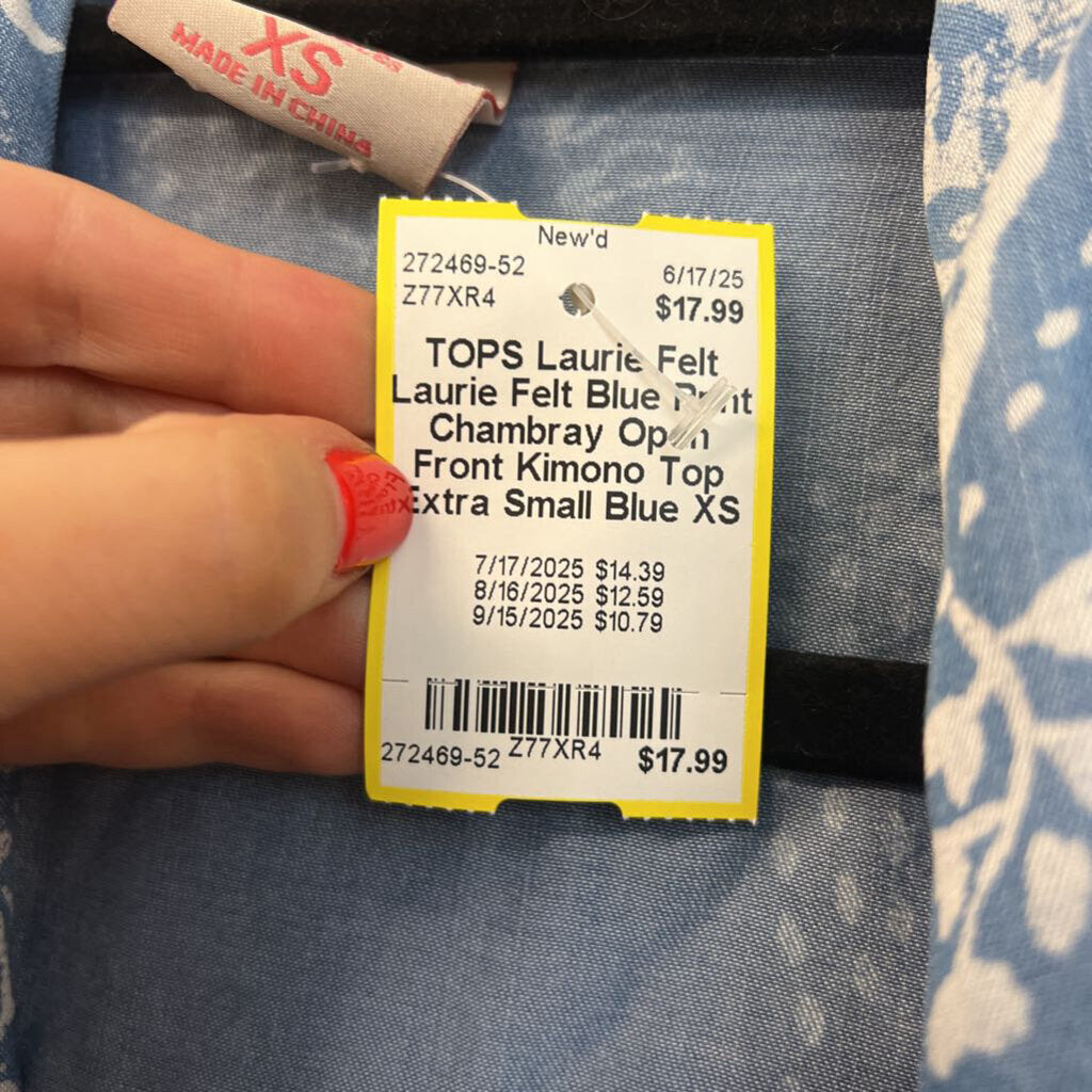 Laurie Felt Blue Print Chambray Open Front Kimono Top Extra Small