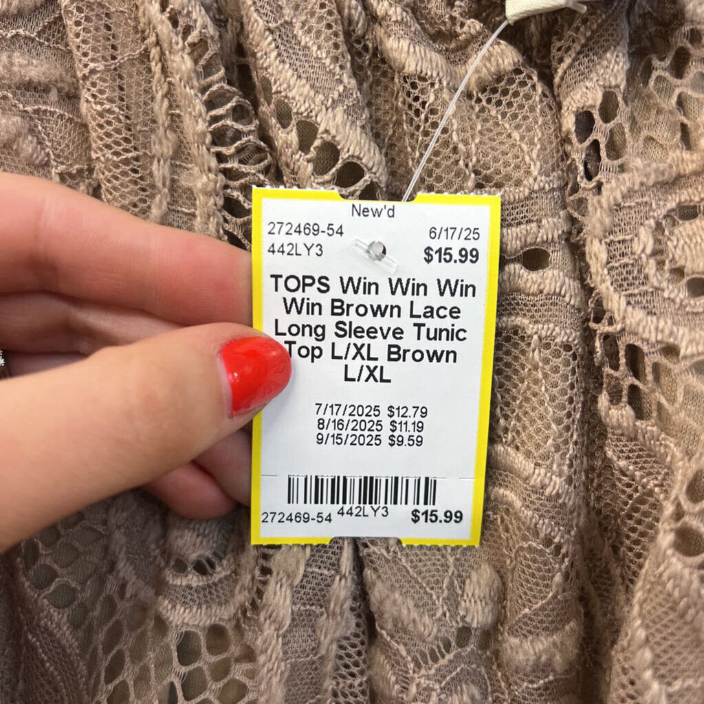 Win Win Brown Lace Long Sleeve Tunic Top L/XL