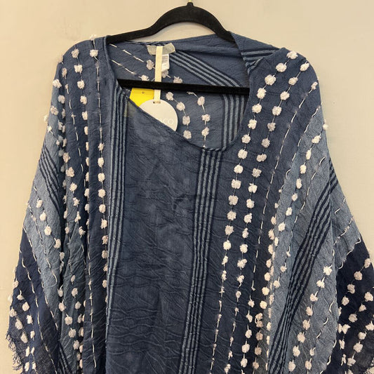 Demdaco Blue/ White Pom Pom Poncho Top One Size