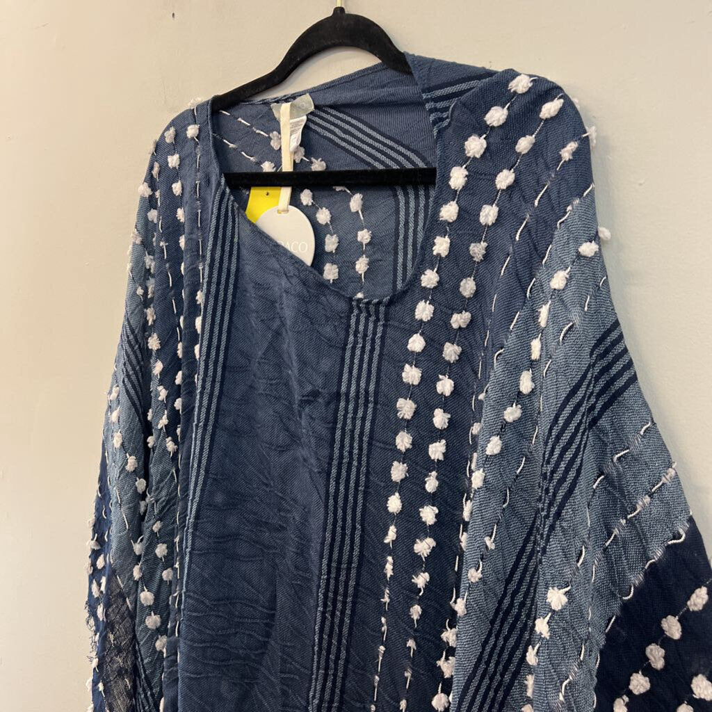 Demdaco Blue/ White Pom Pom Poncho Top One Size