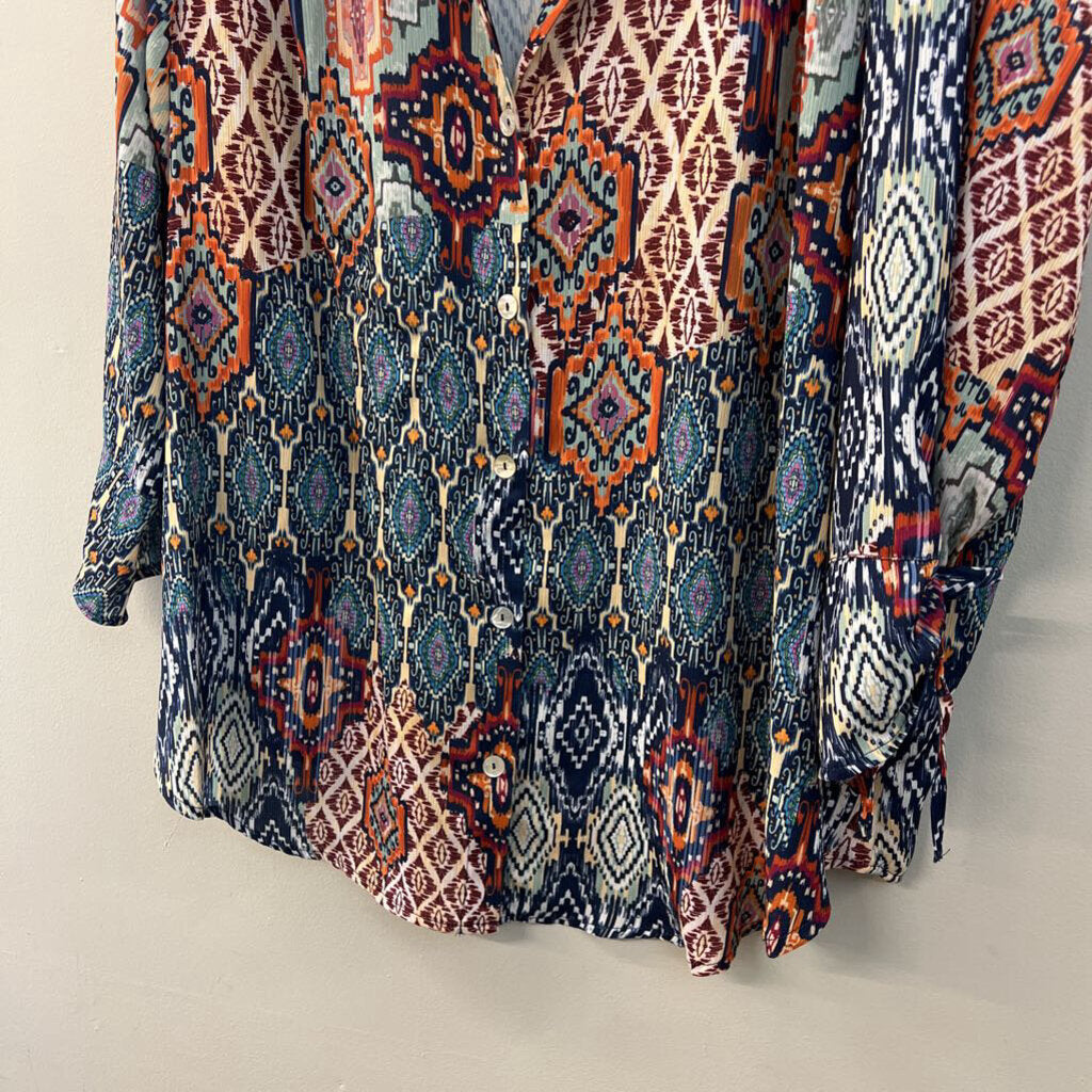 Alfred Dunner Blue/ Multi Long Sleeve Button Down Top 2X