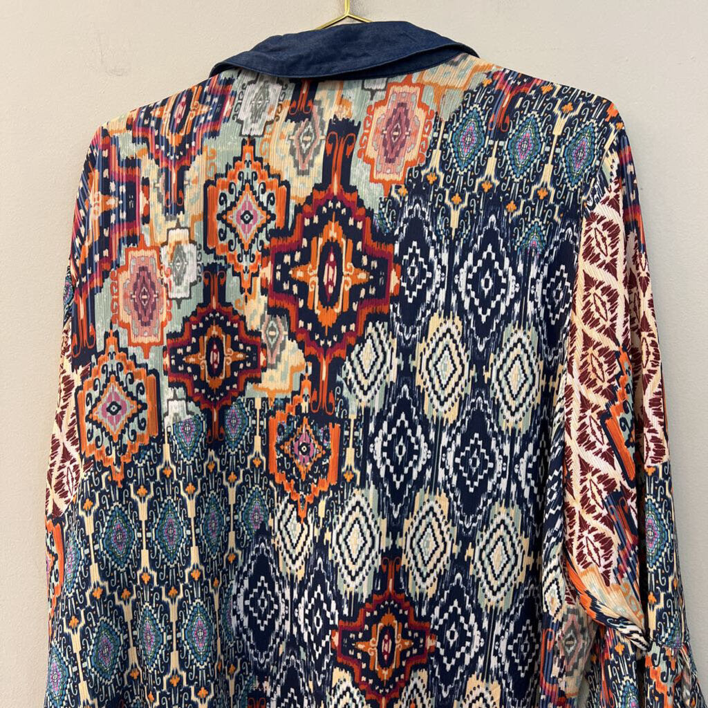 Alfred Dunner Blue/ Multi Long Sleeve Button Down Top 2X