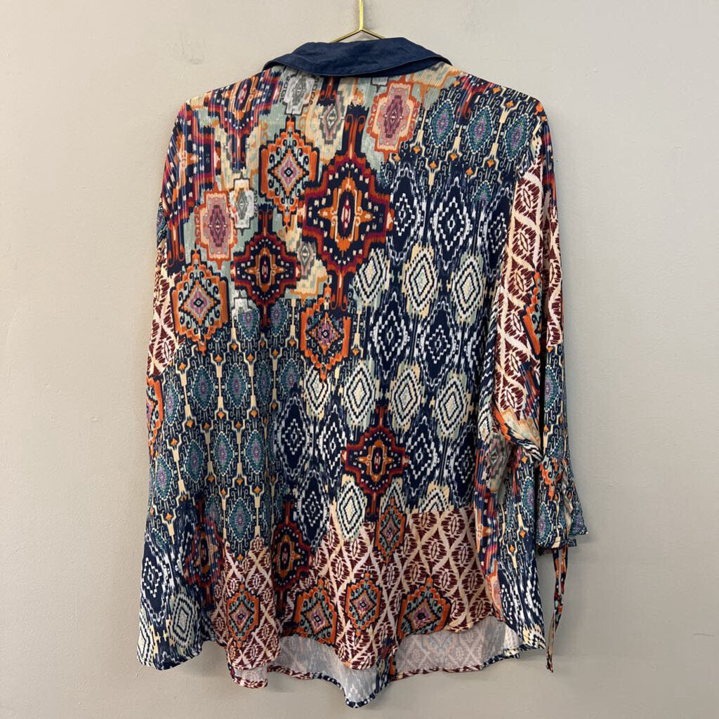 Alfred Dunner Blue/ Multi Long Sleeve Button Down Top 2X