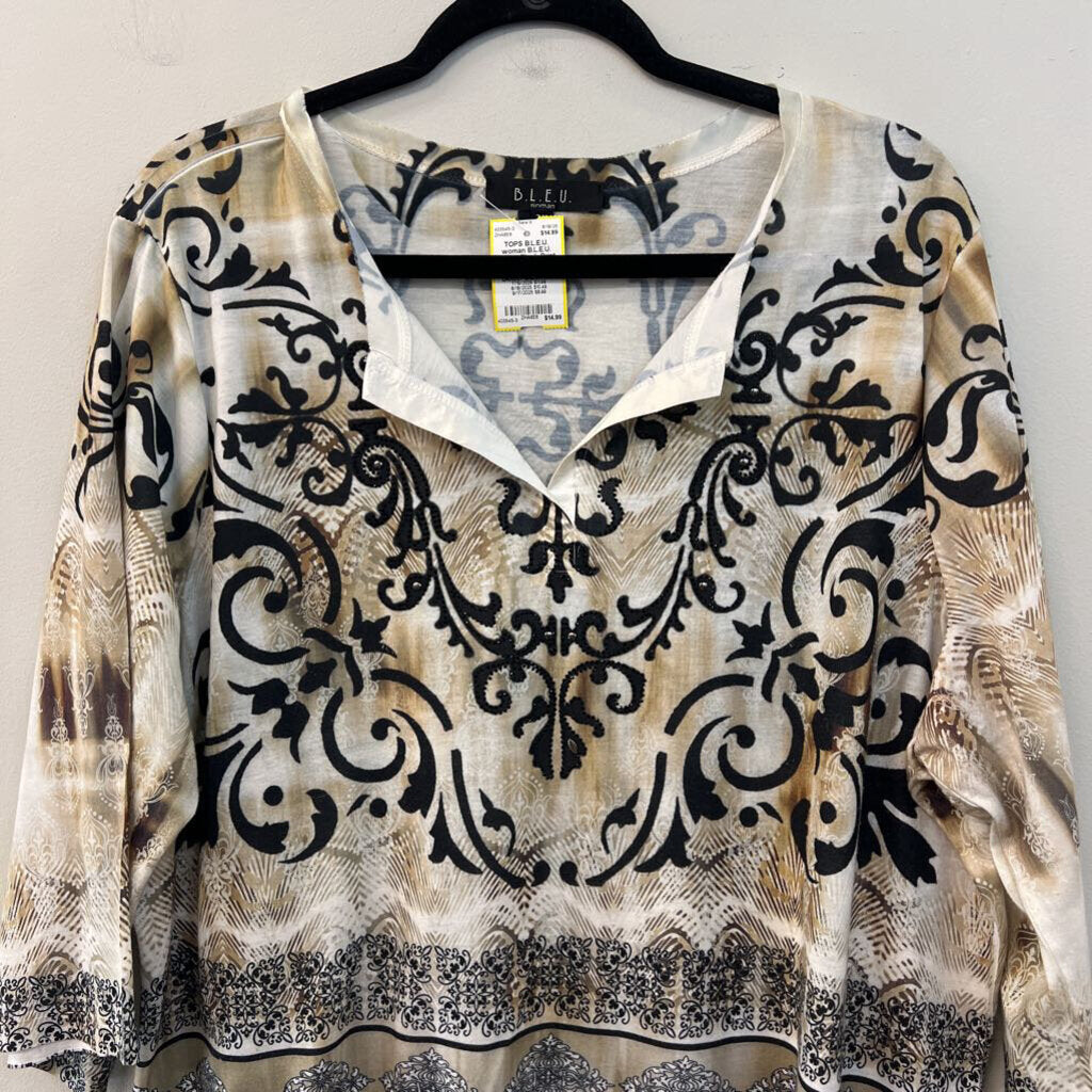 B.L.E.U. Beige/ Black Print Embellished Long Sleeve Top 2X