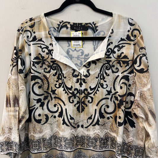 B.L.E.U. Beige/ Black Print Embellished Long Sleeve Top 2X