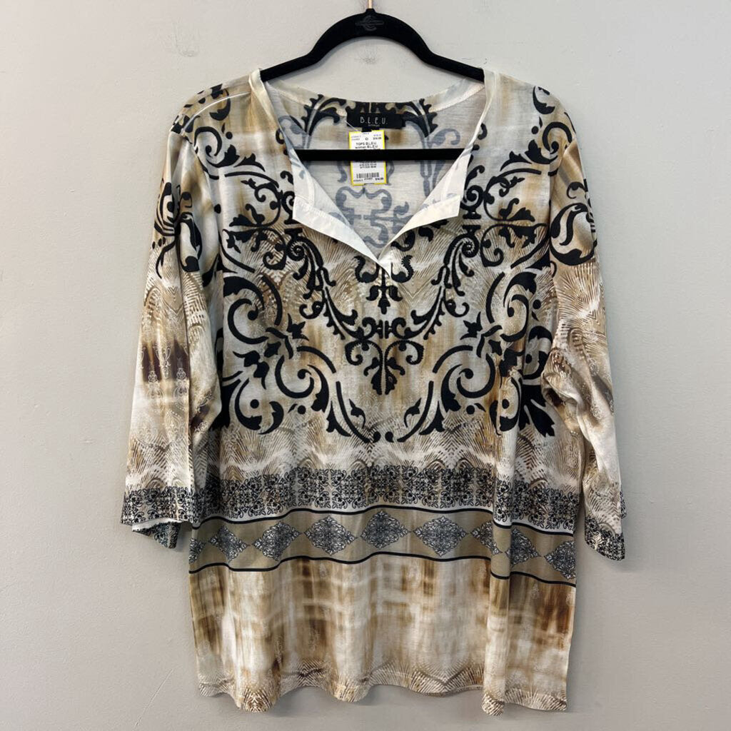 B.L.E.U. Beige/ Black Print Embellished Long Sleeve Top 2X
