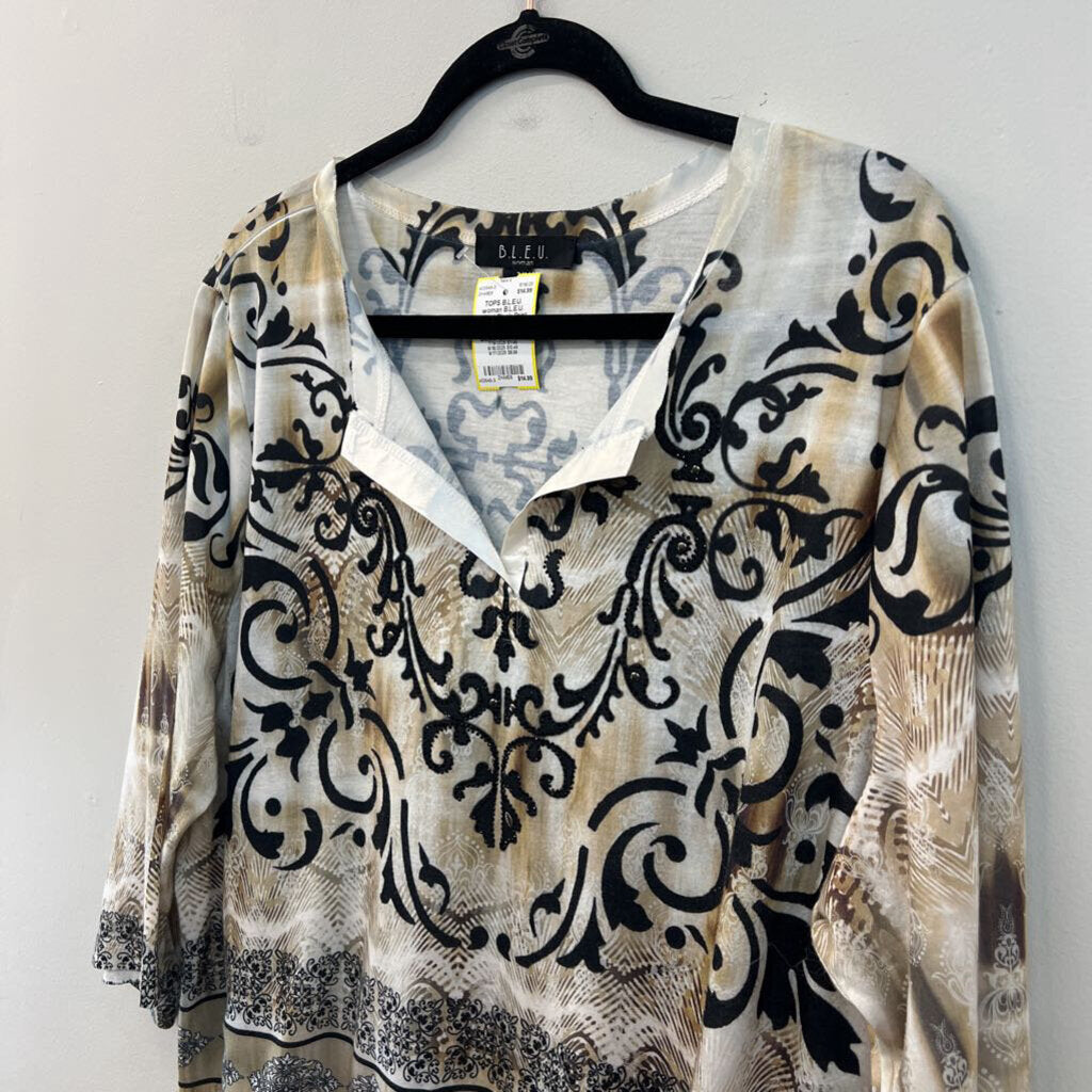 B.L.E.U. Beige/ Black Print Embellished Long Sleeve Top 2X