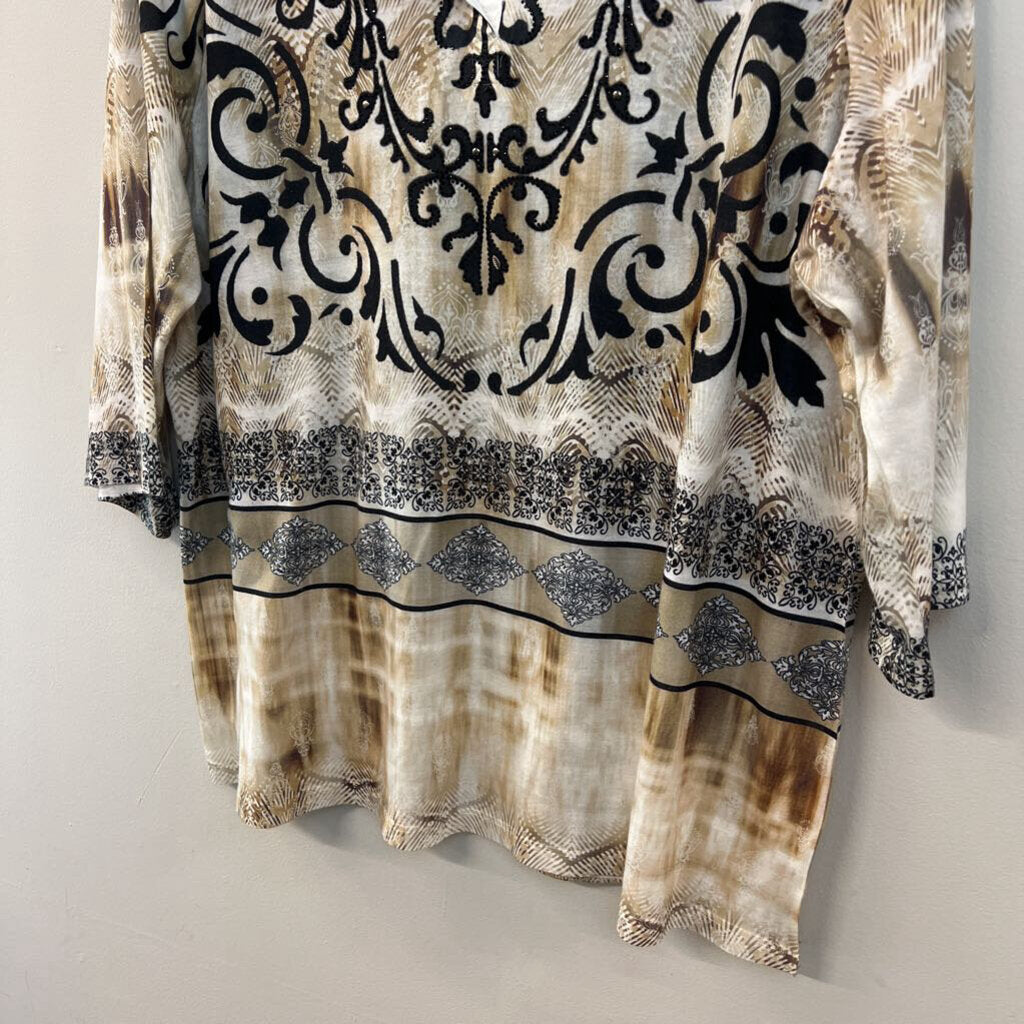 B.L.E.U. Beige/ Black Print Embellished Long Sleeve Top 2X