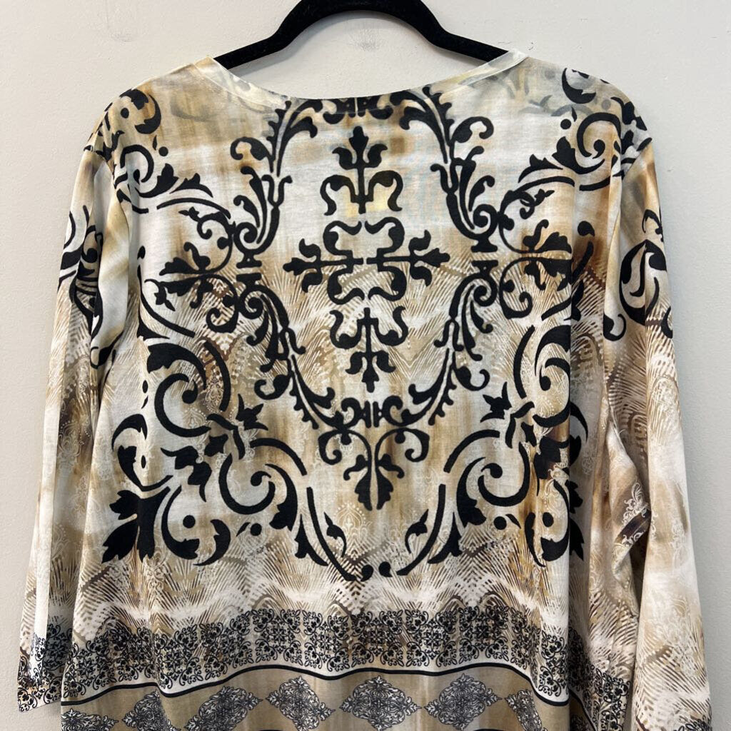 B.L.E.U. Beige/ Black Print Embellished Long Sleeve Top 2X