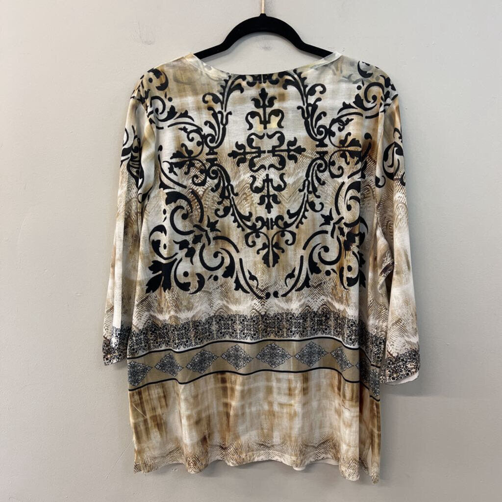 B.L.E.U. Beige/ Black Print Embellished Long Sleeve Top 2X