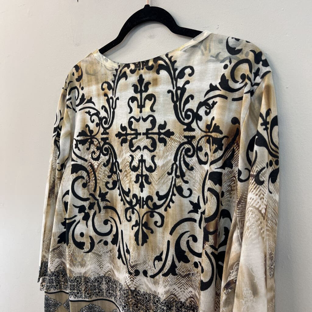 B.L.E.U. Beige/ Black Print Embellished Long Sleeve Top 2X