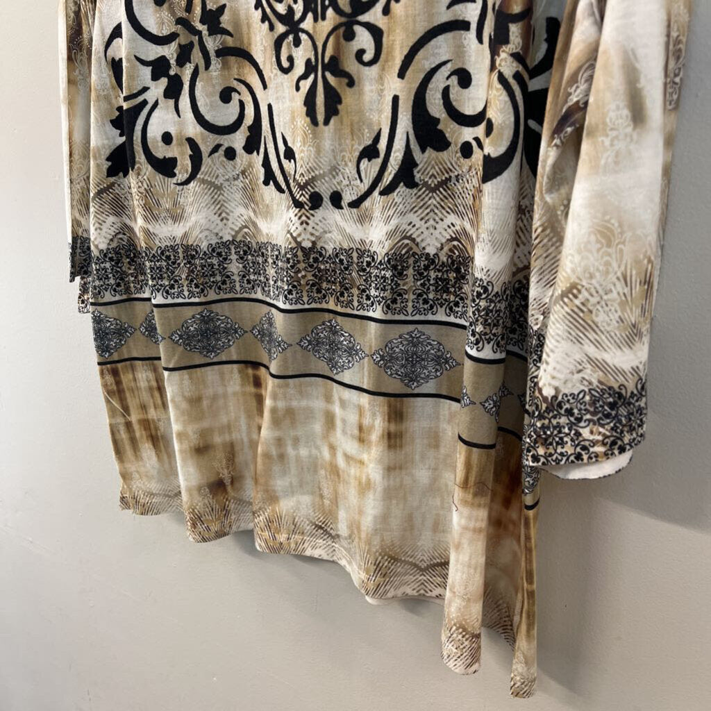 B.L.E.U. Beige/ Black Print Embellished Long Sleeve Top 2X