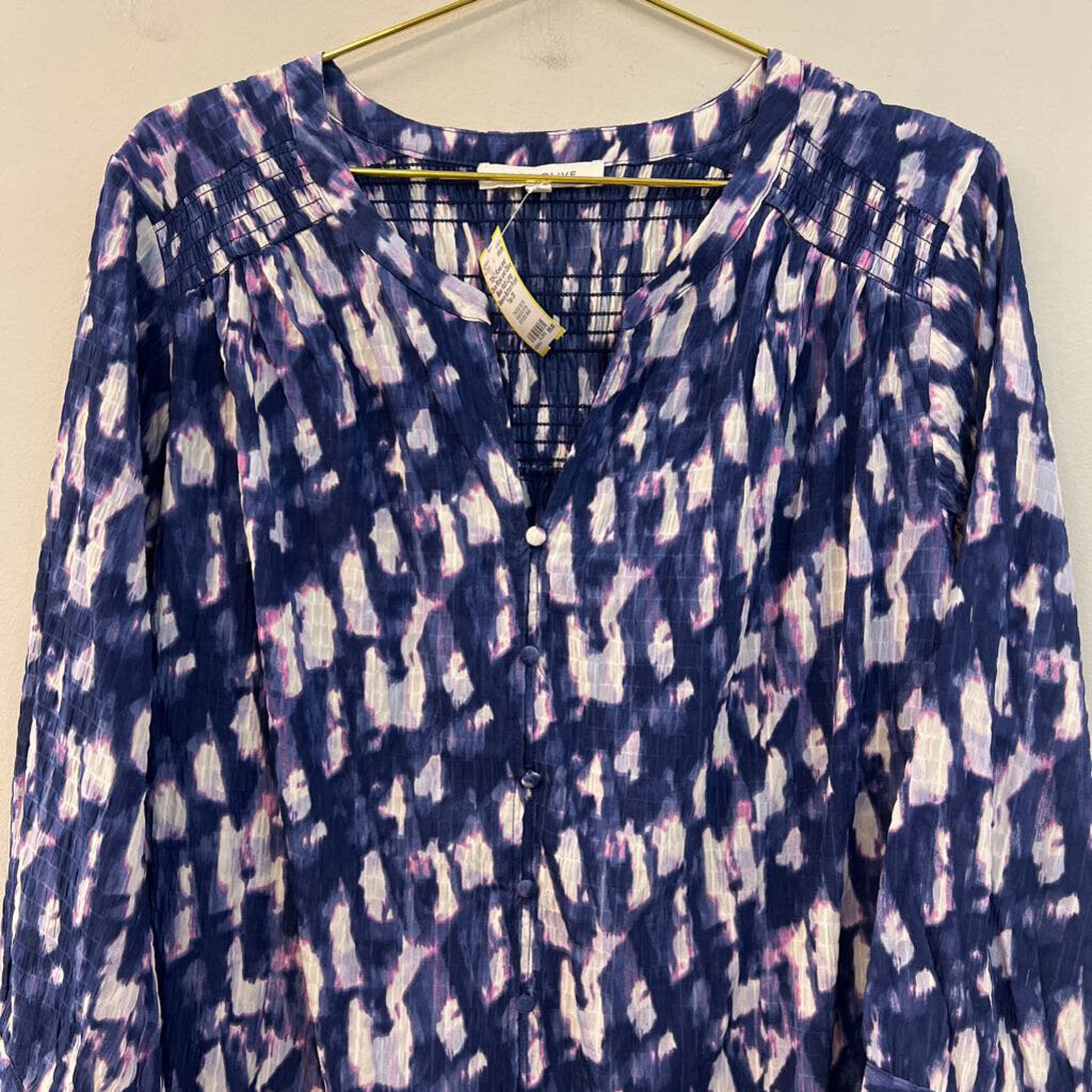 Rose and Olive Blue/ Multi Long Sleeve Button Front Top 2X