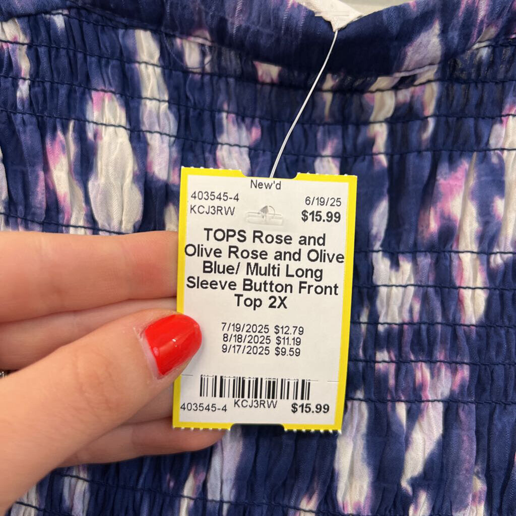 Rose and Olive Blue/ Multi Long Sleeve Button Front Top 2X