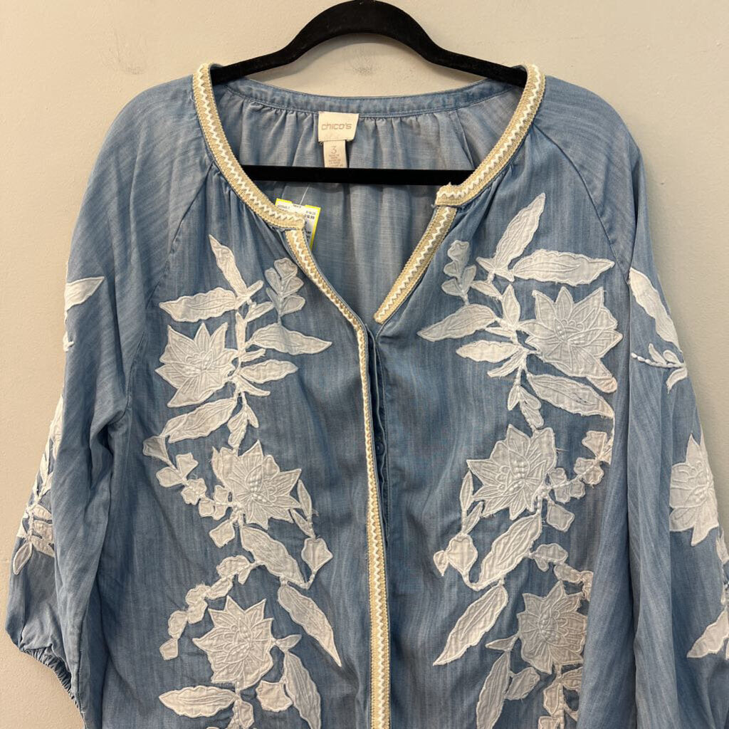 Chico's Blue Embroidered Flower Long Sleeve Button Front Top 3
