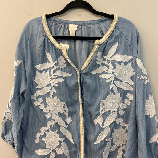 Chico's Blue Embroidered Flower Long Sleeve Button Front Top 3