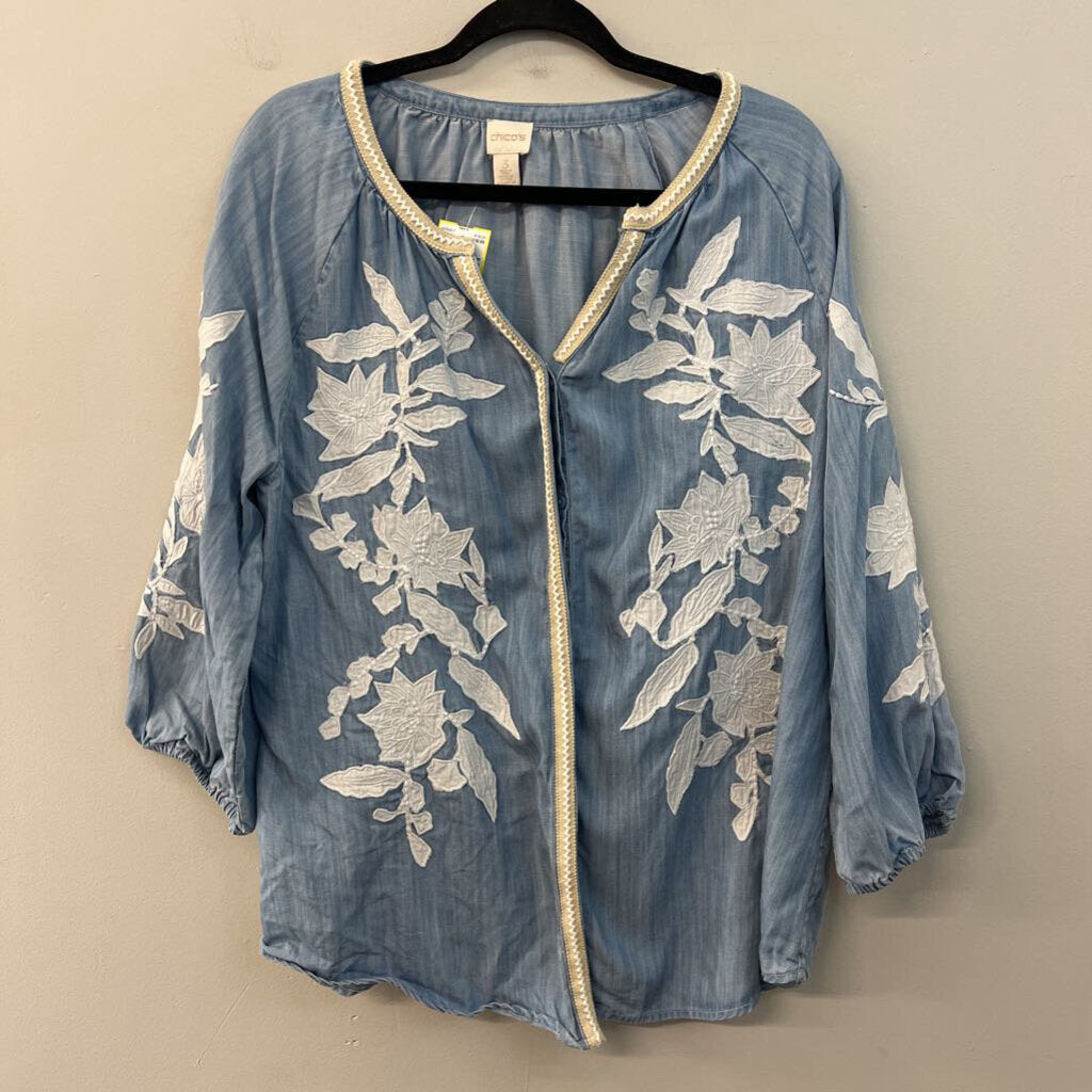 Chico's Blue Embroidered Flower Long Sleeve Button Front Top 3