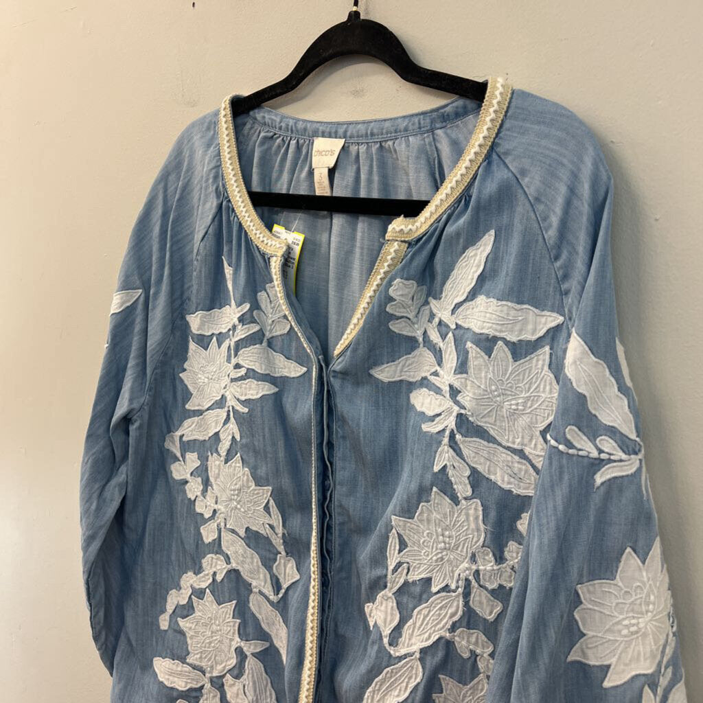 Chico's Blue Embroidered Flower Long Sleeve Button Front Top 3