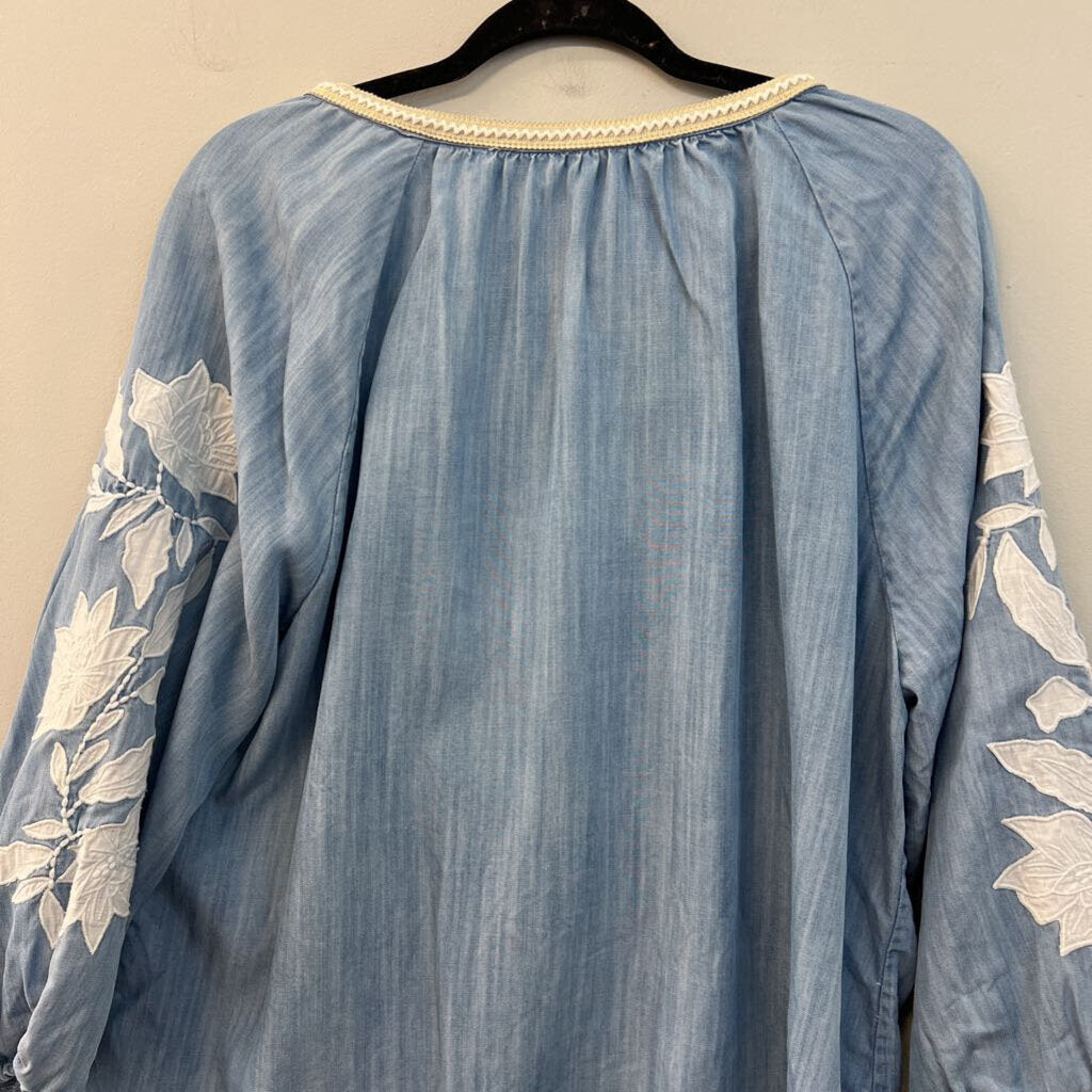 Chico's Blue Embroidered Flower Long Sleeve Button Front Top 3