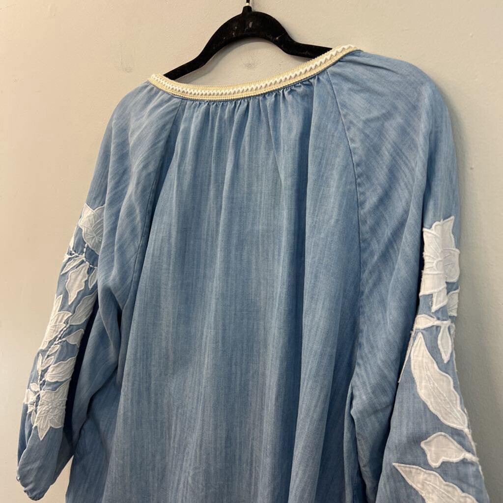 Chico's Blue Embroidered Flower Long Sleeve Button Front Top 3