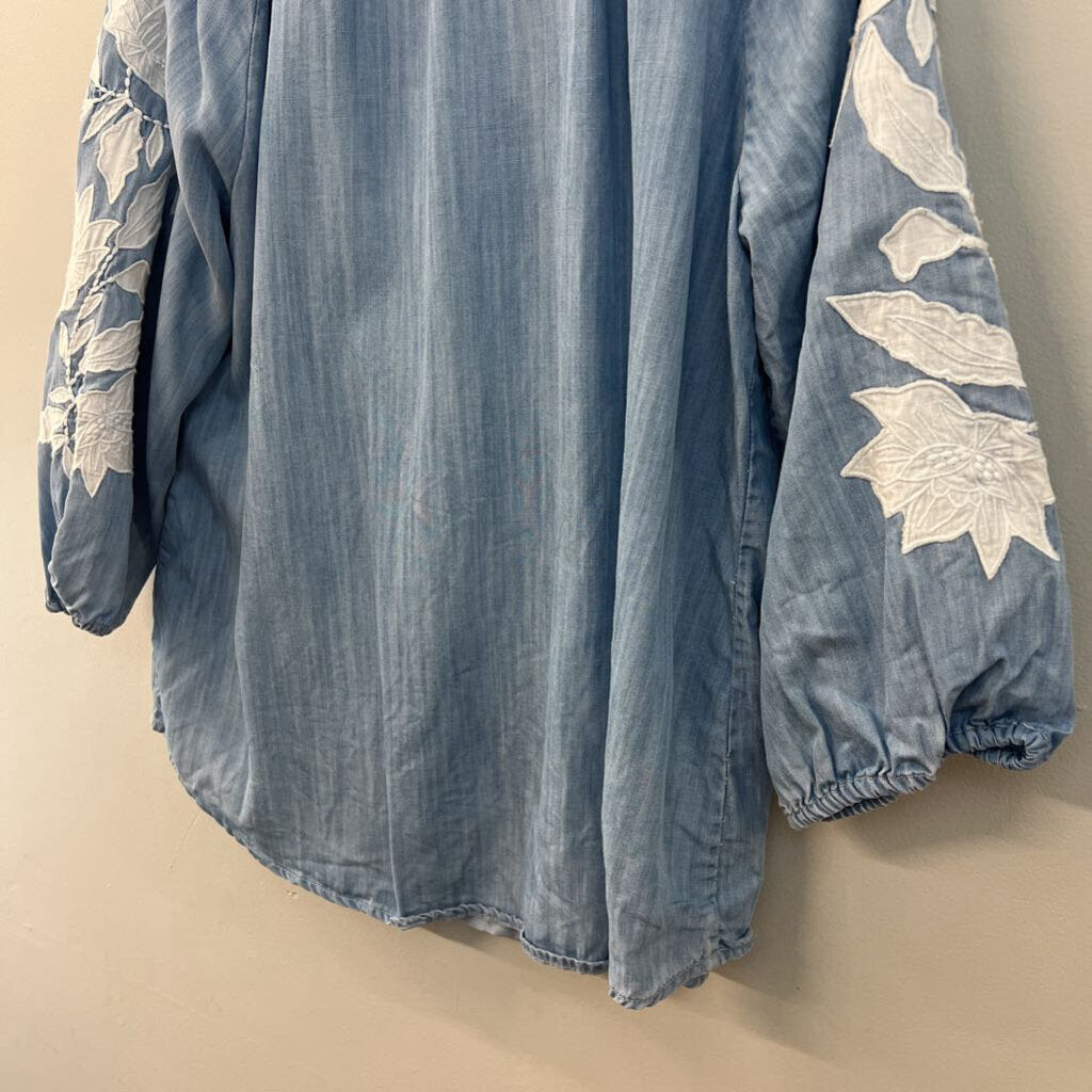 Chico's Blue Embroidered Flower Long Sleeve Button Front Top 3