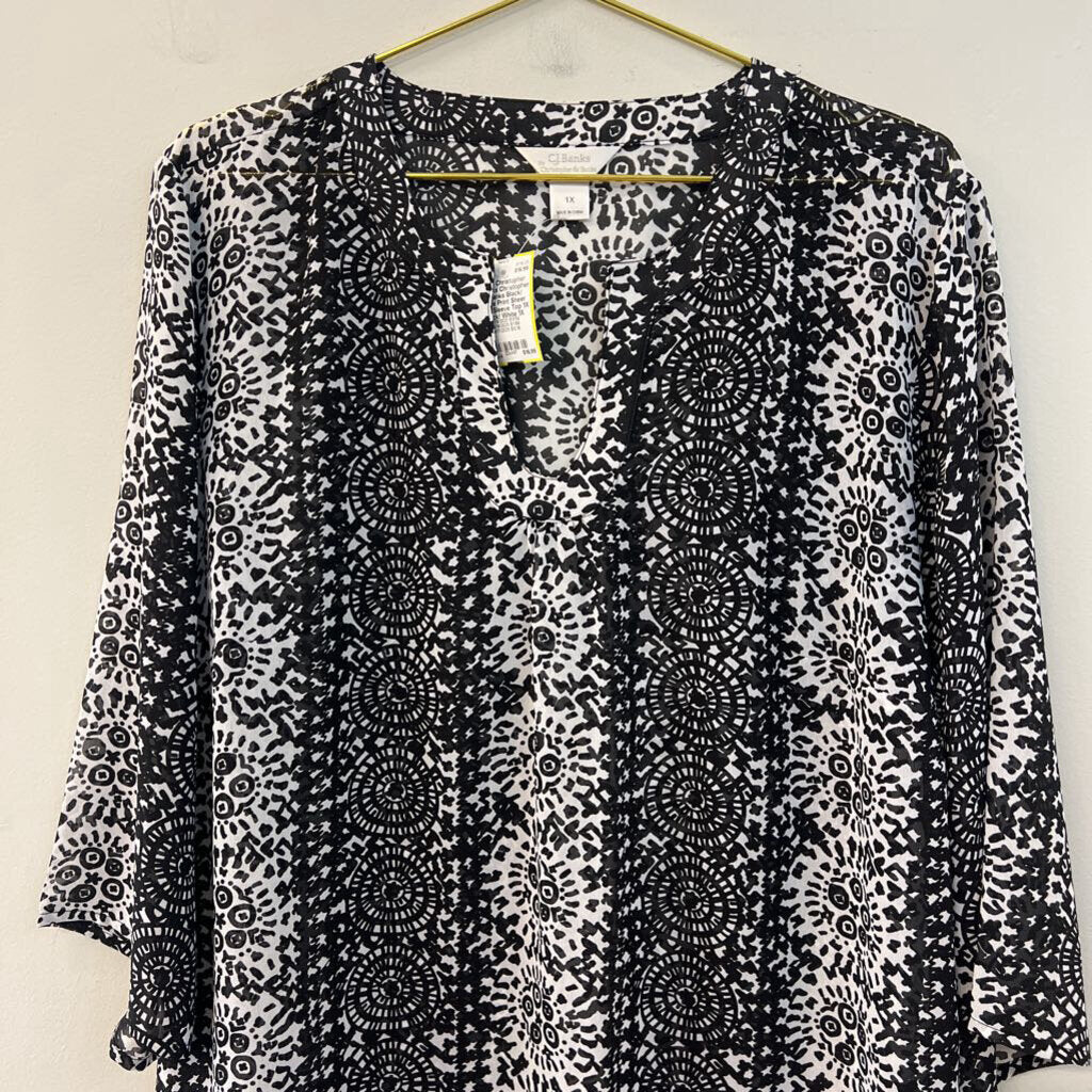 Christopher & Banks Black/ White Print Sheer Long Sleeve Top 1X