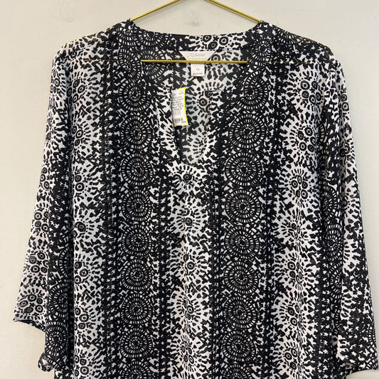 Christopher & Banks Black/ White Print Sheer Long Sleeve Top 1X