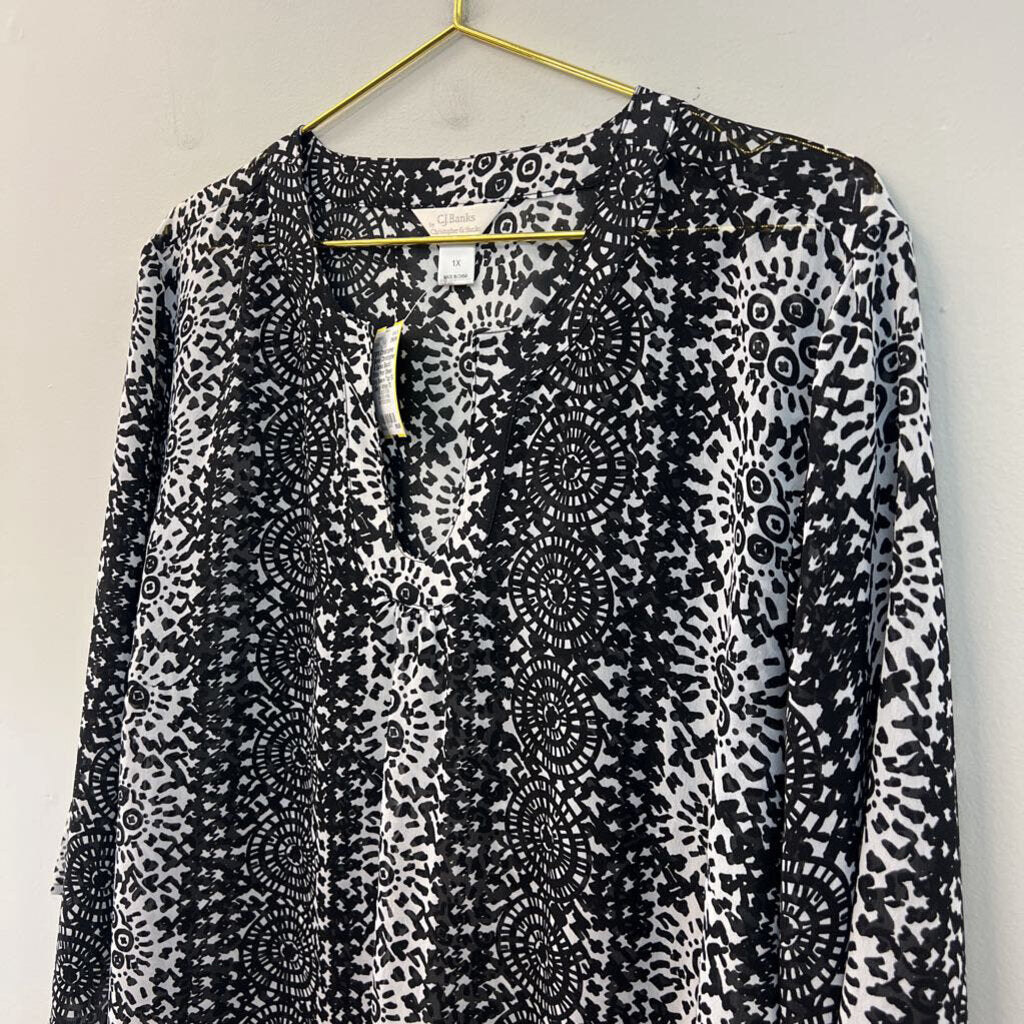 Christopher & Banks Black/ White Print Sheer Long Sleeve Top 1X