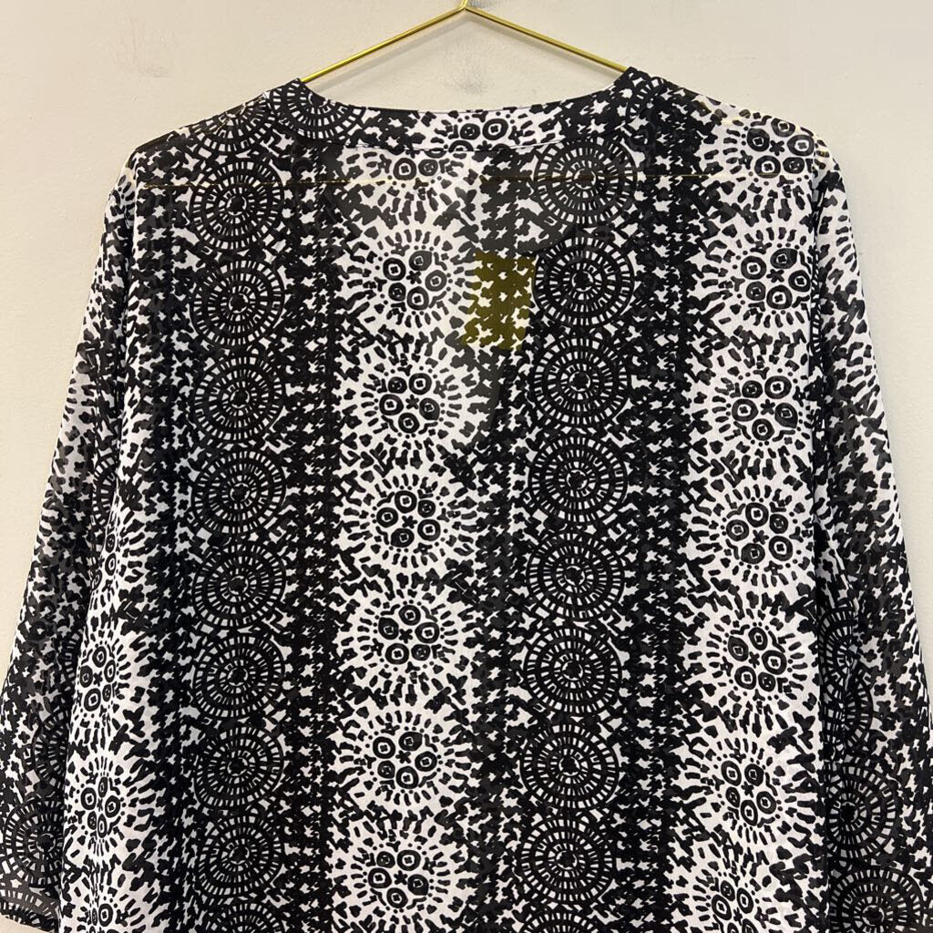 Christopher & Banks Black/ White Print Sheer Long Sleeve Top 1X