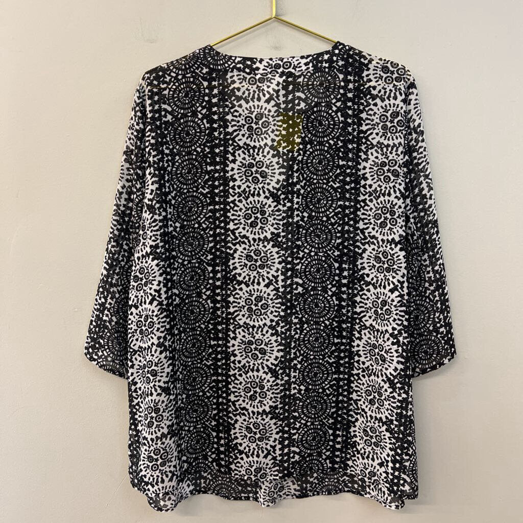 Christopher & Banks Black/ White Print Sheer Long Sleeve Top 1X