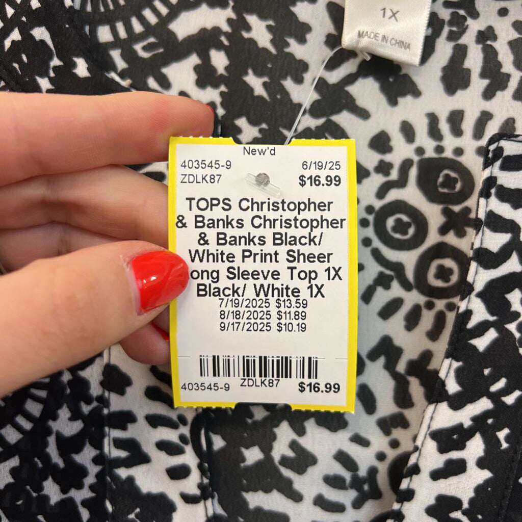 Christopher & Banks Black/ White Print Sheer Long Sleeve Top 1X