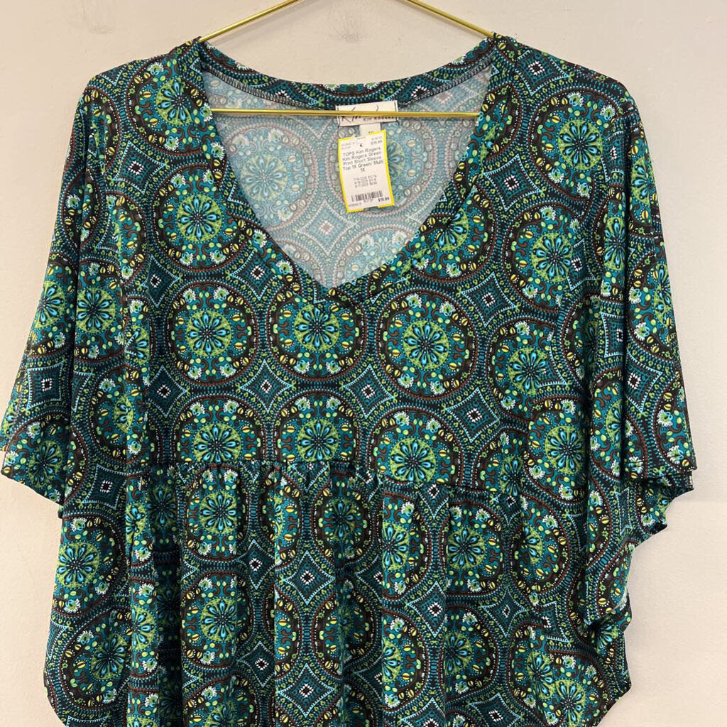 Kim Rogers Green Print Short Sleeve Top 1X