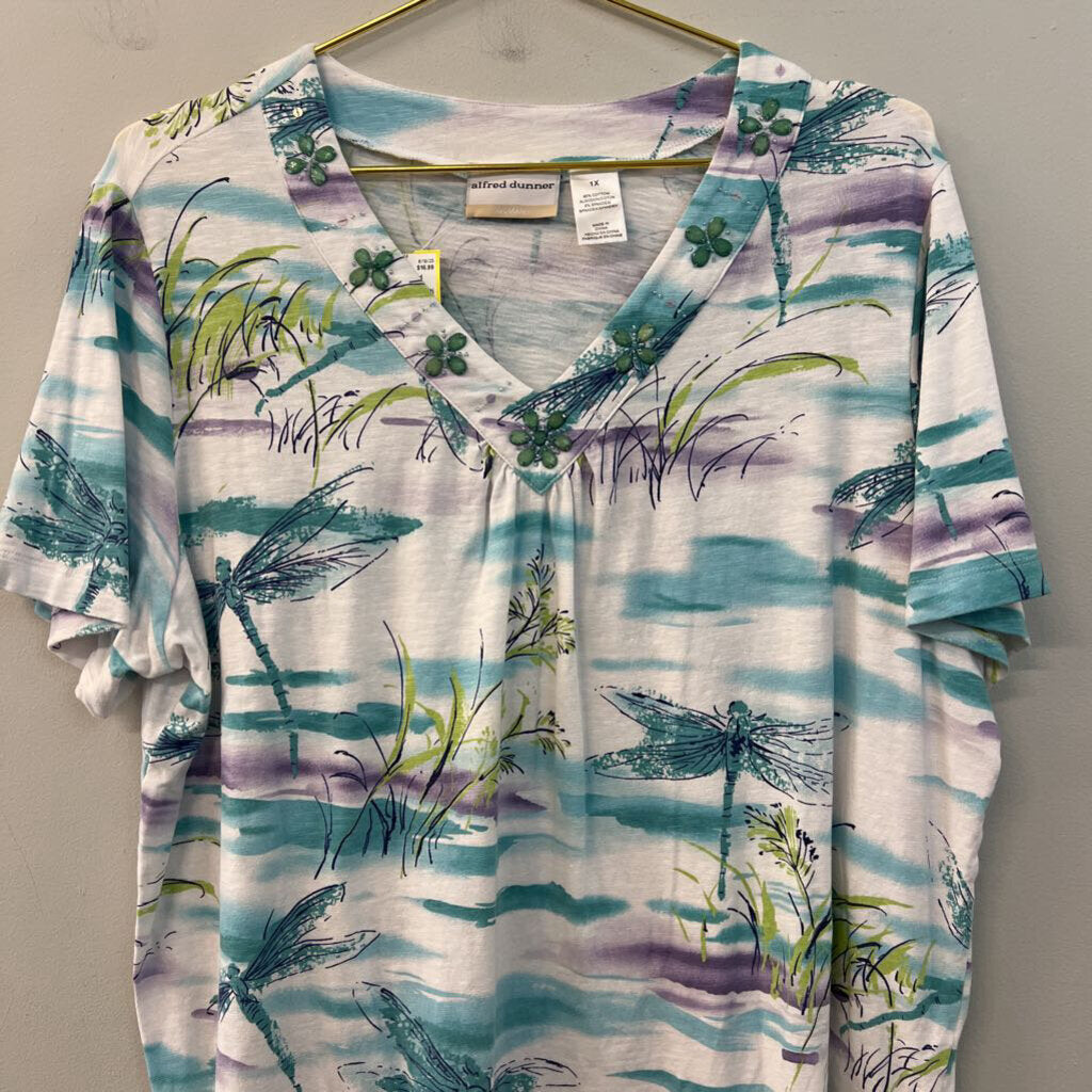Alfred Dunner White/ Multi Dragonfly Print Embellished Short Sleeve Top 1X