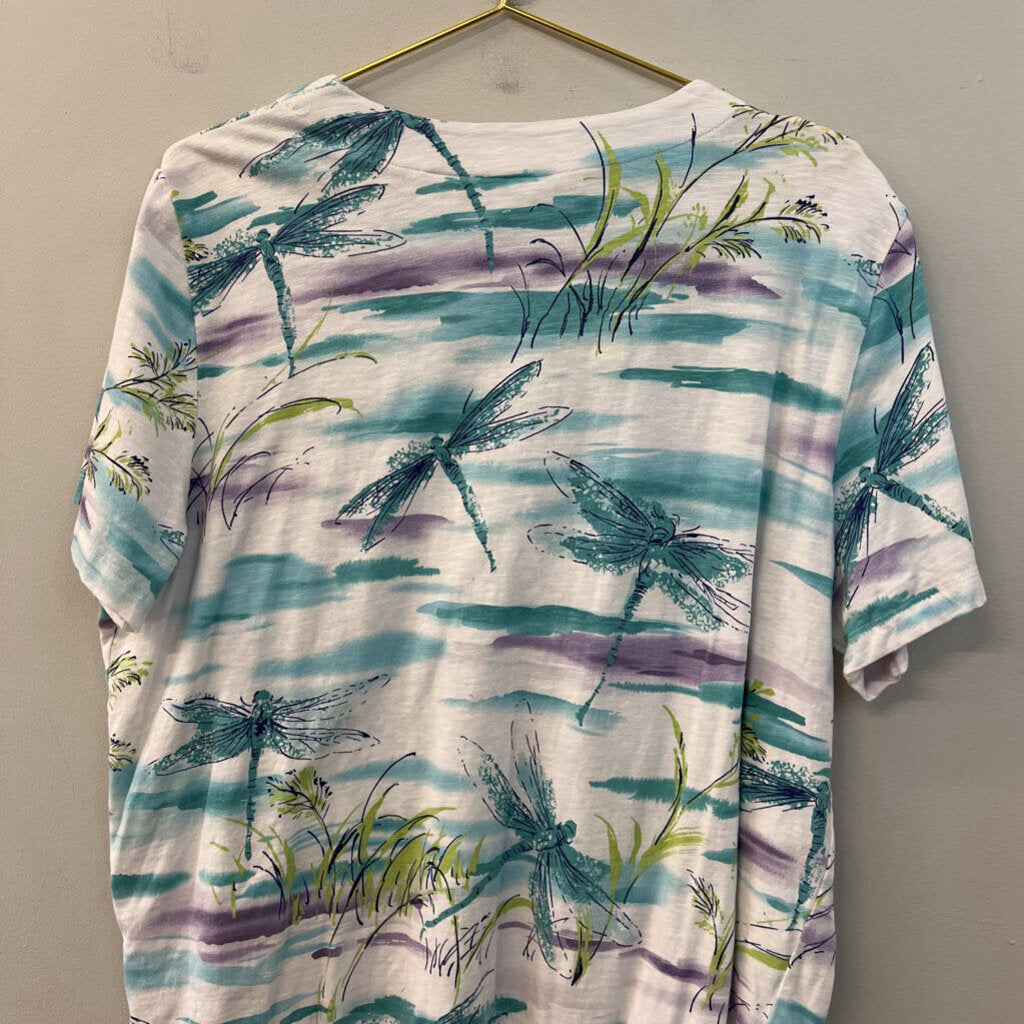 Alfred Dunner White/ Multi Dragonfly Print Embellished Short Sleeve Top 1X