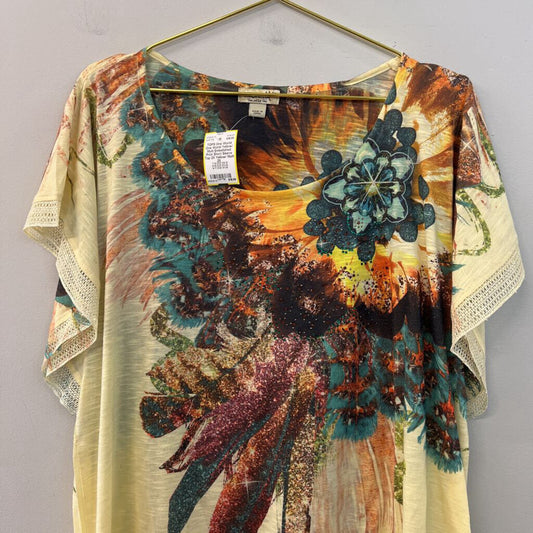 One World Yellow/ Multi Embellished Print Short Sleeve Top 2X