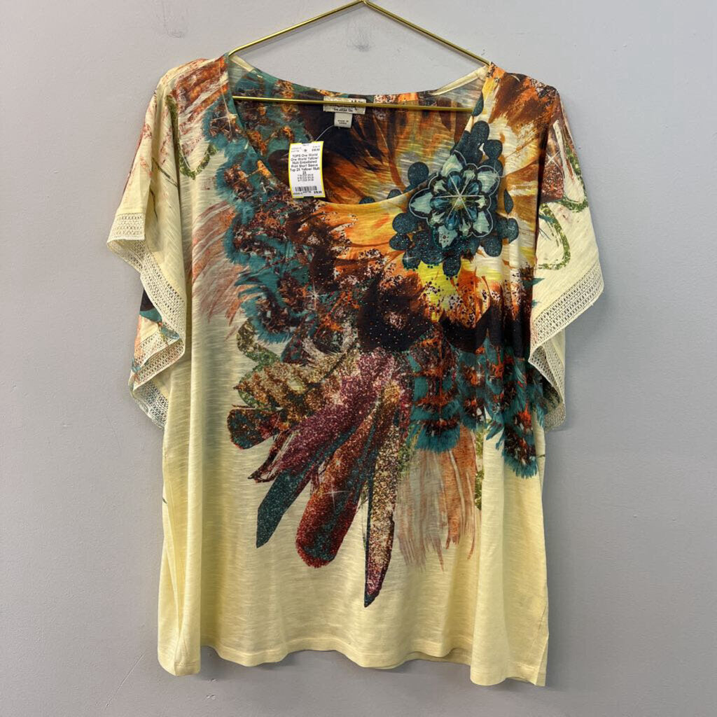 One World Yellow/ Multi Embellished Print Short Sleeve Top 2X