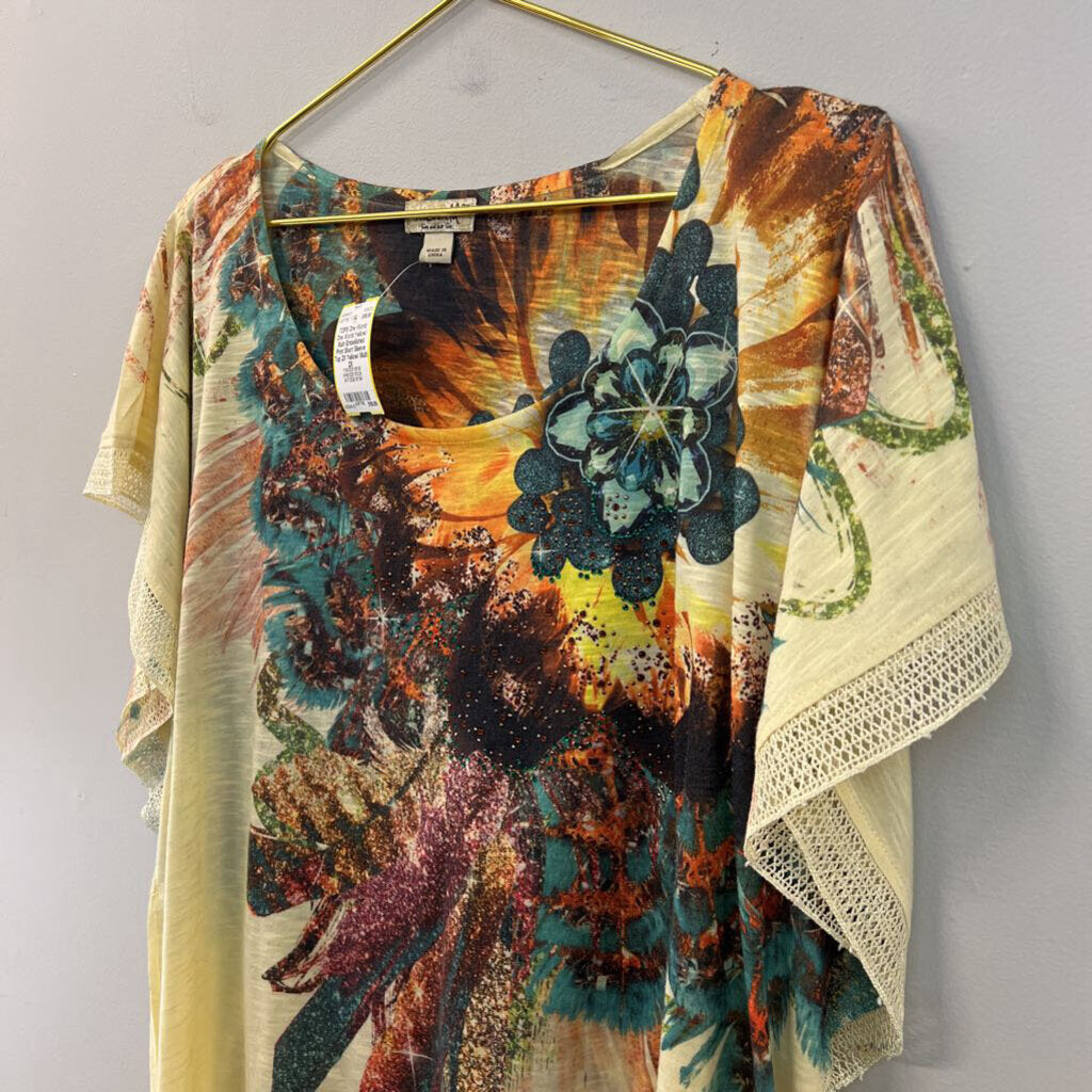 One World Yellow/ Multi Embellished Print Short Sleeve Top 2X