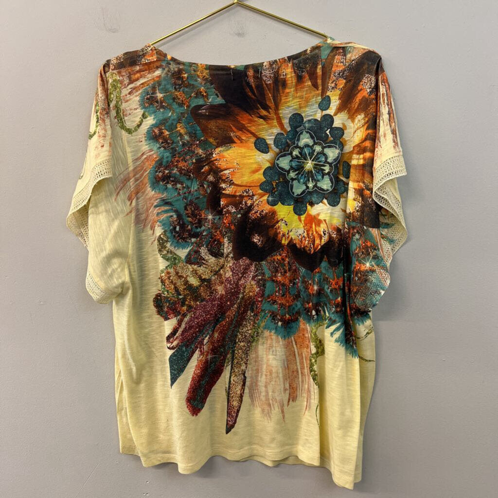 One World Yellow/ Multi Embellished Print Short Sleeve Top 2X