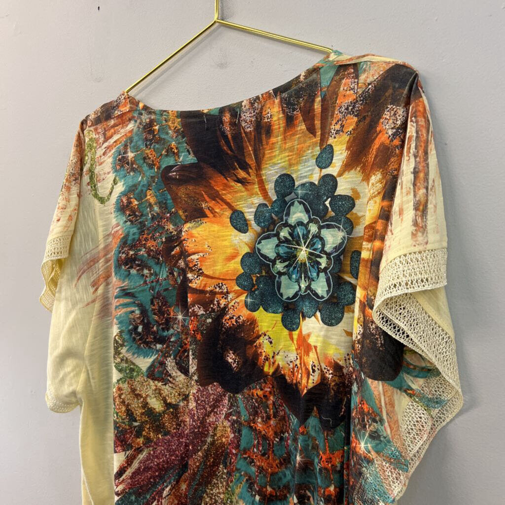 One World Yellow/ Multi Embellished Print Short Sleeve Top 2X