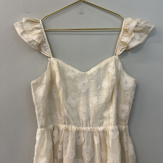 In February Cream Flower Print Short Ruffle Sleeve Midi Dress Large