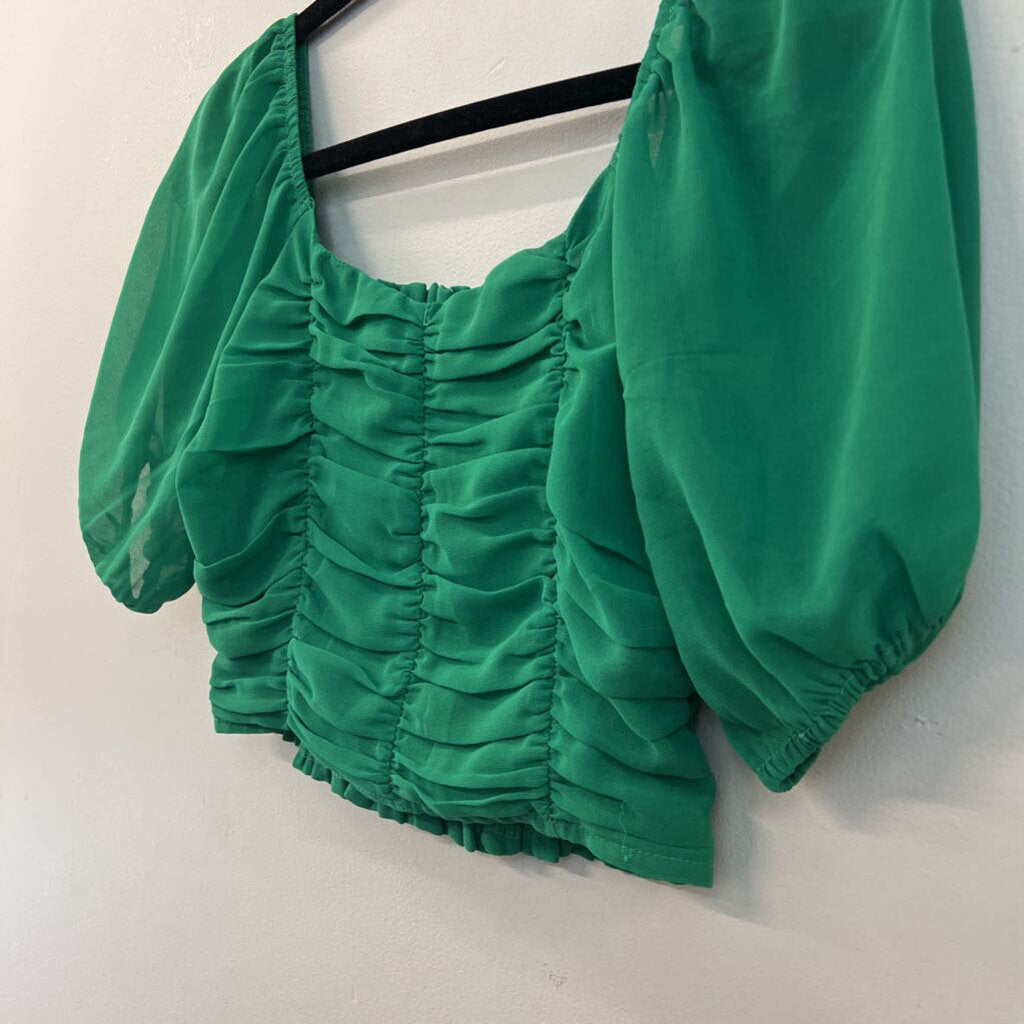 Altar'd State Green Cropped Short Puff Sleeve Top Extra Small